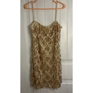 Showpo Shook Mini Dress Champagne Sequin Fringe Size 10 (14 AU)